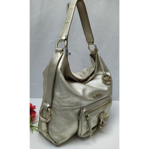 Michael Kors Fulton Metalic Gold Pebbled Leather Buckle Pocket Hobo Shoulder Bag - Picture 15 of 16